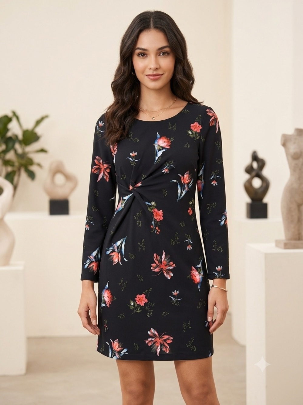 Ann Taylor Floral Long-Sleeve Knot Front Dress - Black - Size 2